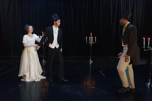 Actors in Victorian costumes performing a dramatic stage play.